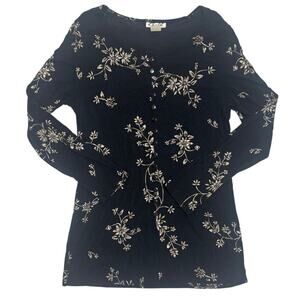 🖤 Vintage Floral Button‑Front Long‑Sleeve Blouse 🌼 Size M